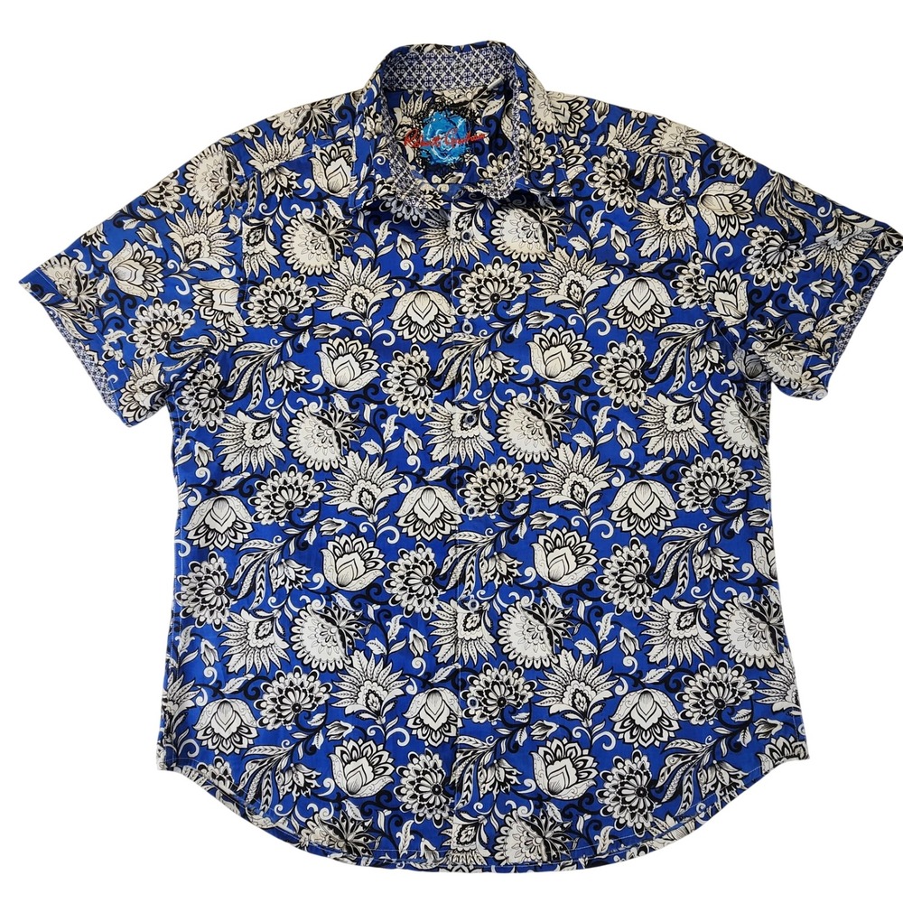 Robert Graham Button Down Shirt Mens XL Blue Floral Paisley Classic Fit Stretch